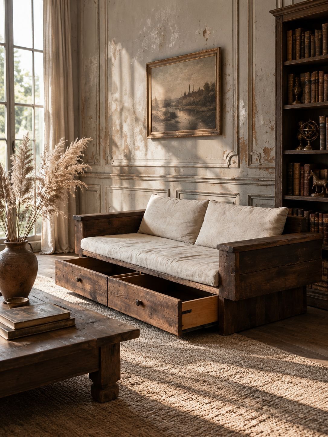 Massivholzsofa im Wabi-Sabi-Stil mit Antik-Finish und Schubladen