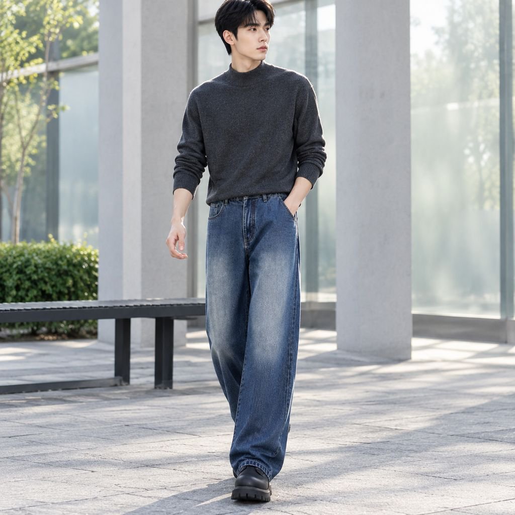 블랙 그레이 와이드 데님 팬츠 남성용 봄가을용 하이웨이스트 스트레이트 핏, 넉넉하고 슬림해 보이는 체구용 드레이프성 롱 팬츠