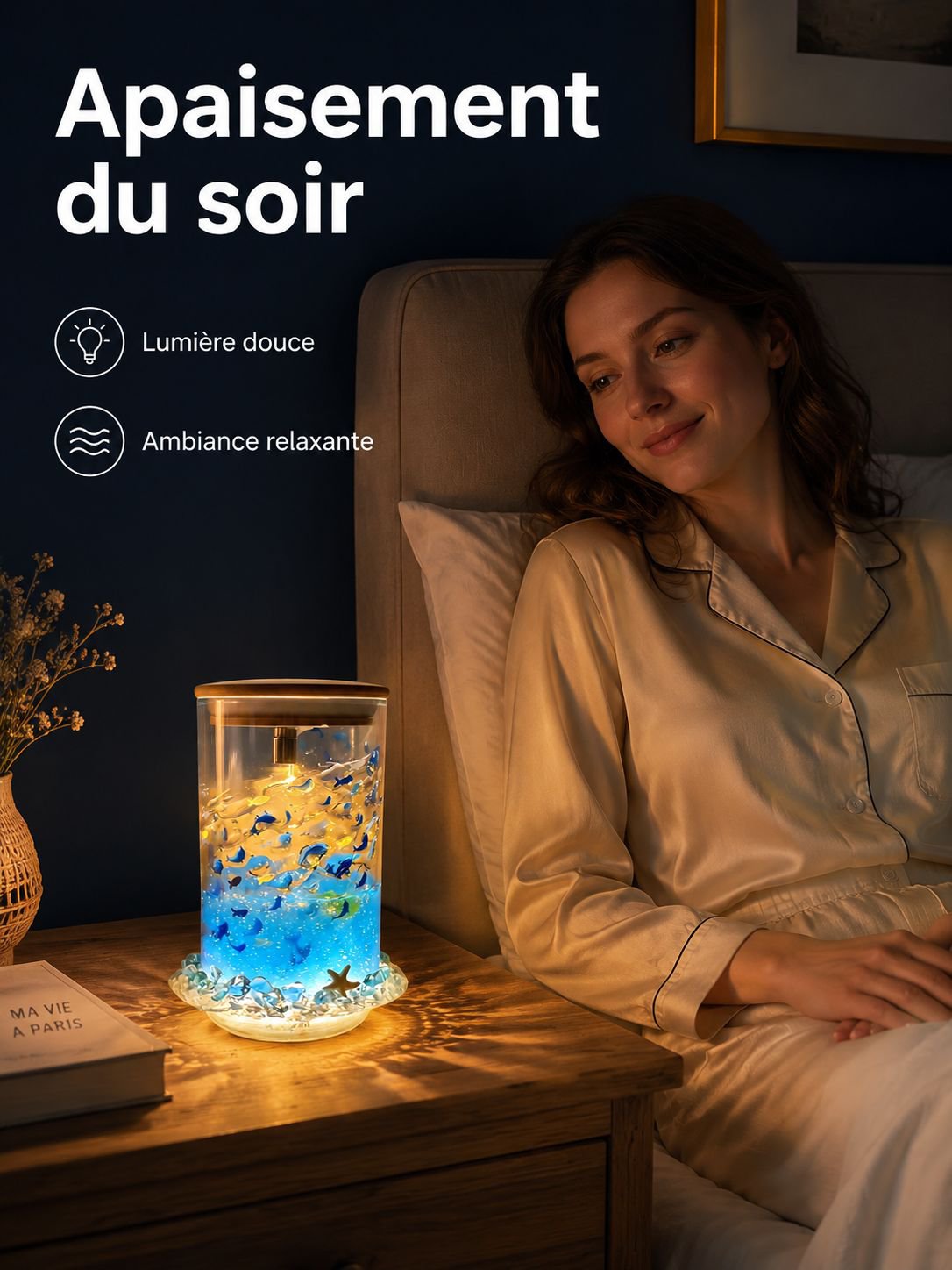 Veilleuse lumineuse apaisante bleue avec petits poissons flottants