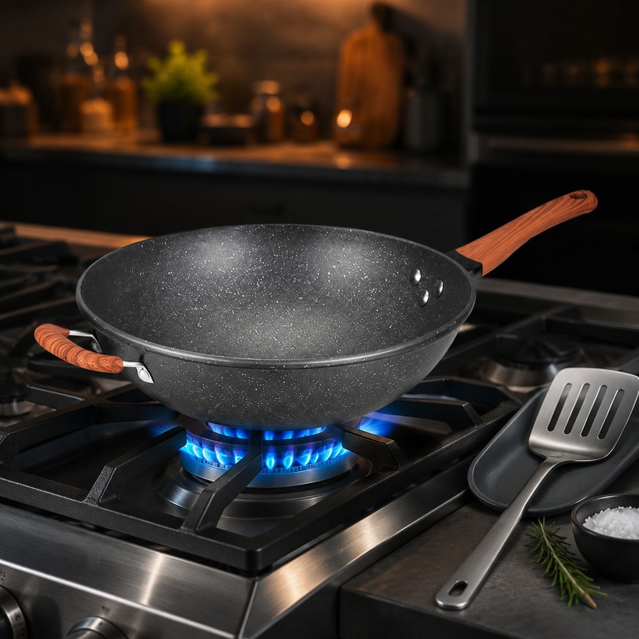 Close-up of wooden handle on frying pan