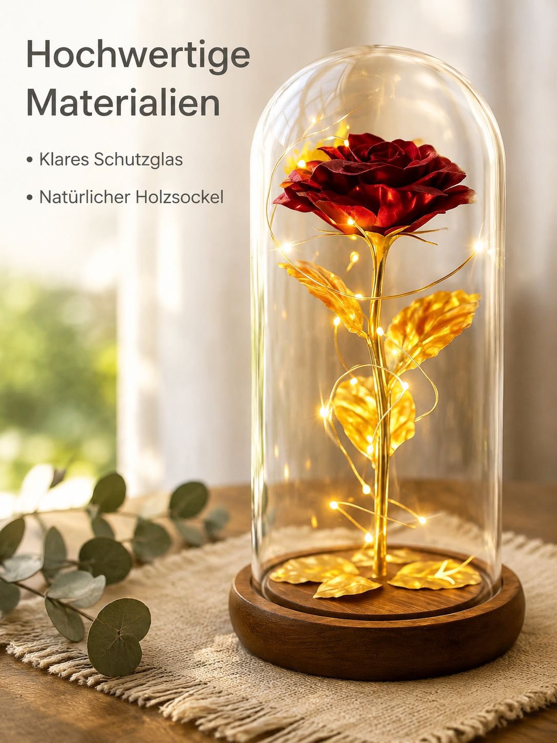Künstliche Rosenblume unter Glashaube mit Goldfolie, ewige Blume, festliche Dekoration