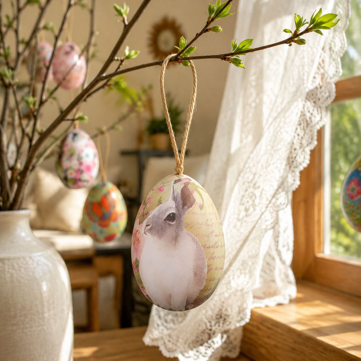 Cesta tejida DIY para huevos de Pascua, huevos decorativos pintados, canasta de flores
