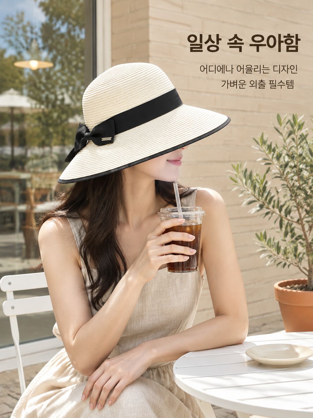 리본이 달린 넓은 챙의 밀짚모자