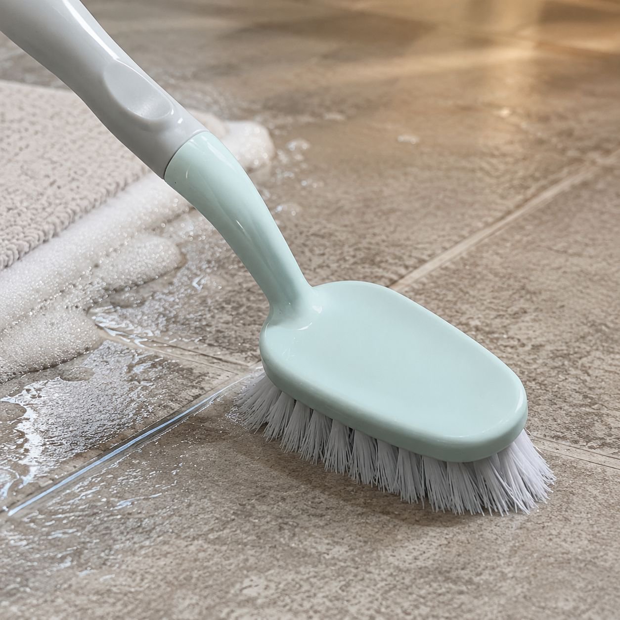 Cleaning bathroom wall tiles with stain remover brush