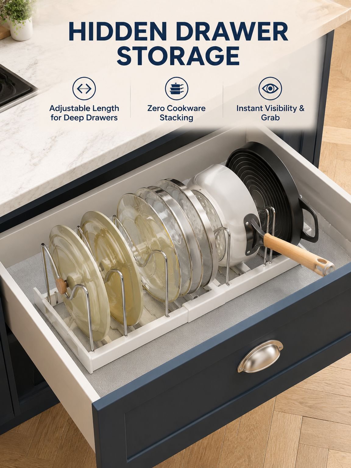 Close-up of adjustable dividers on an expandable cookware organizer