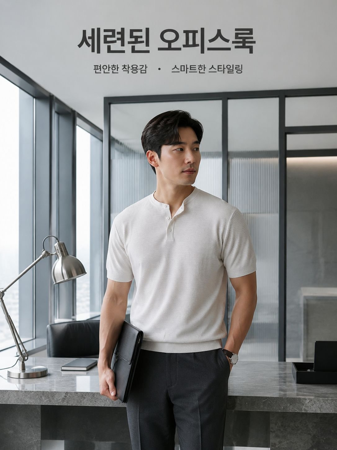 우아한 헨리넥 아이스 실크 니트 티셔츠