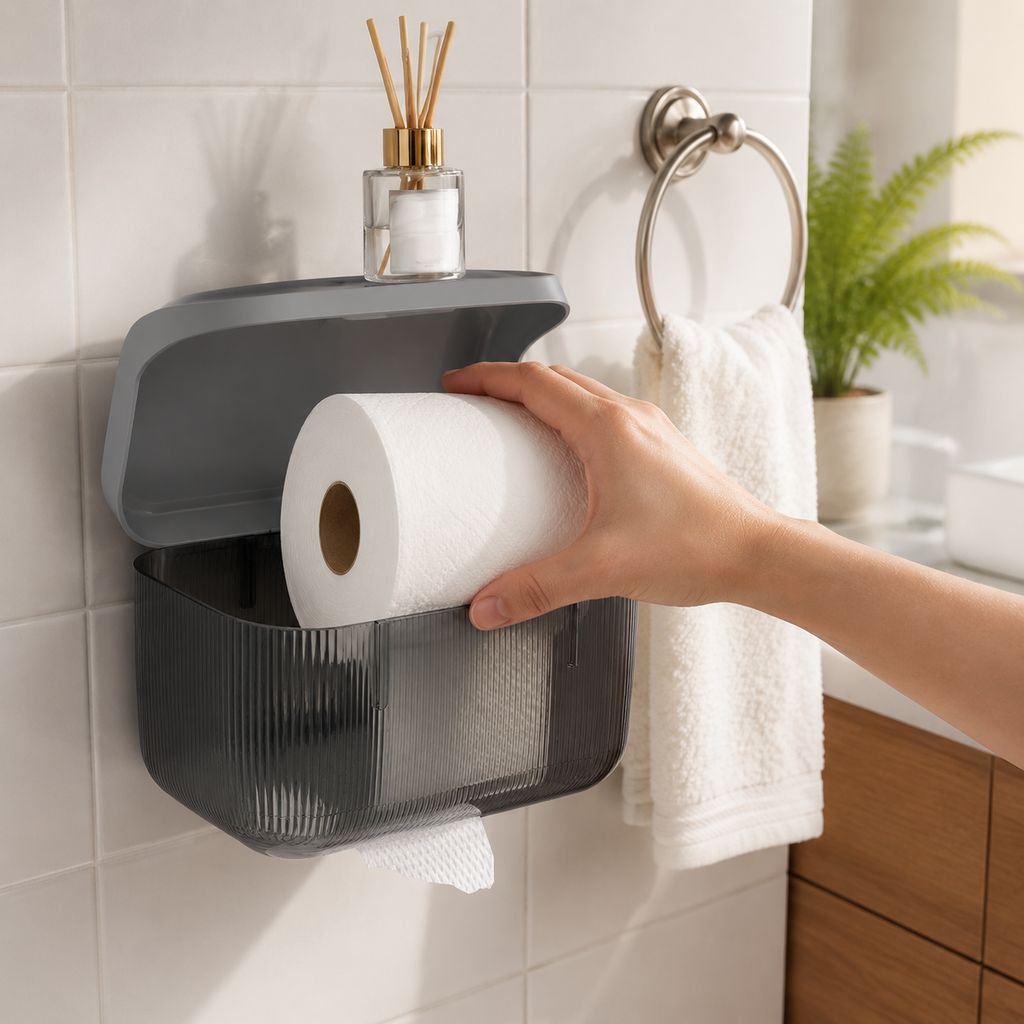 Caja de pañuelos multifuncional instalada en baño moderno