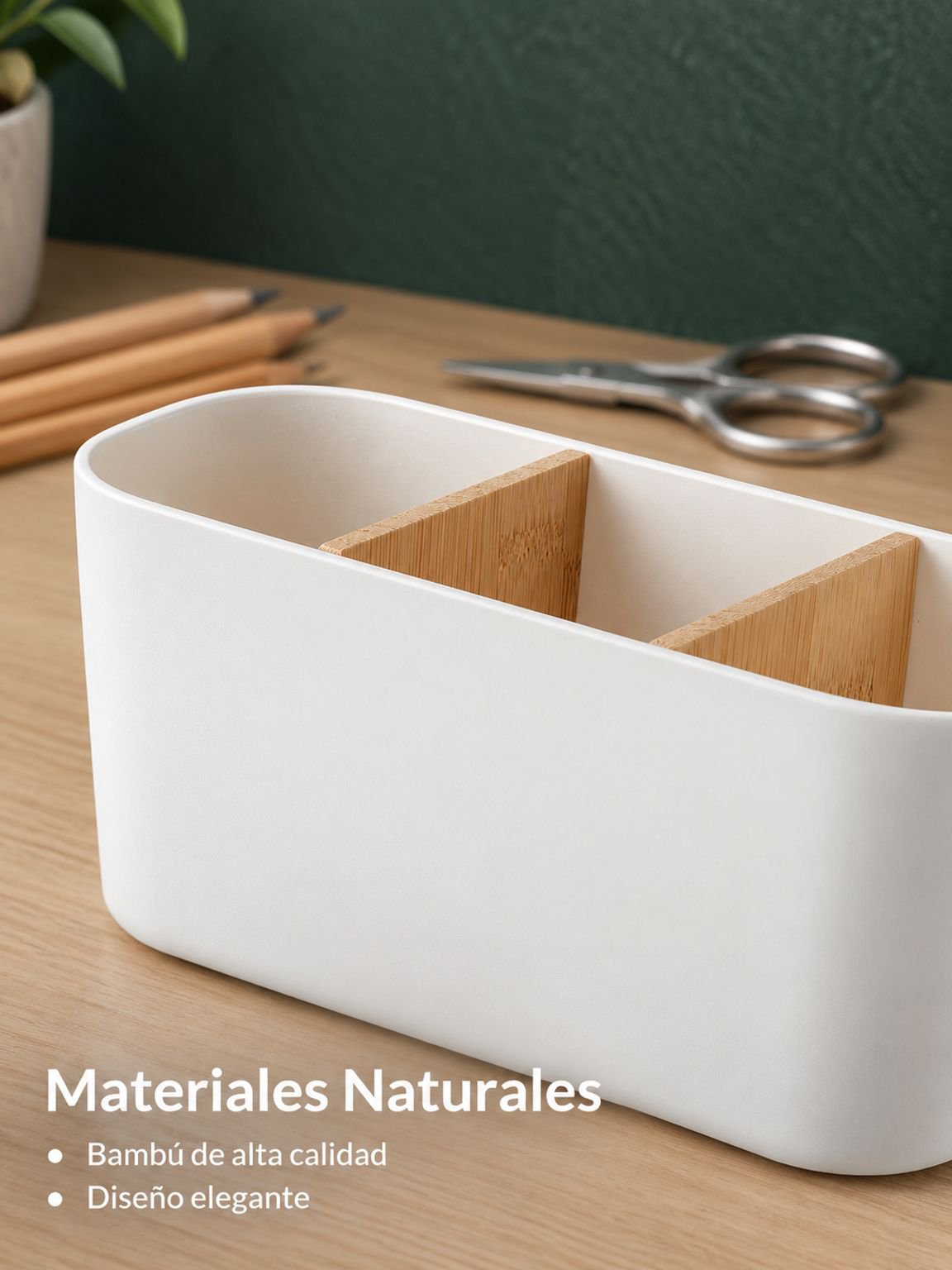 Caja organizadora de escritorio de bambú y madera con compartimentos desmontables