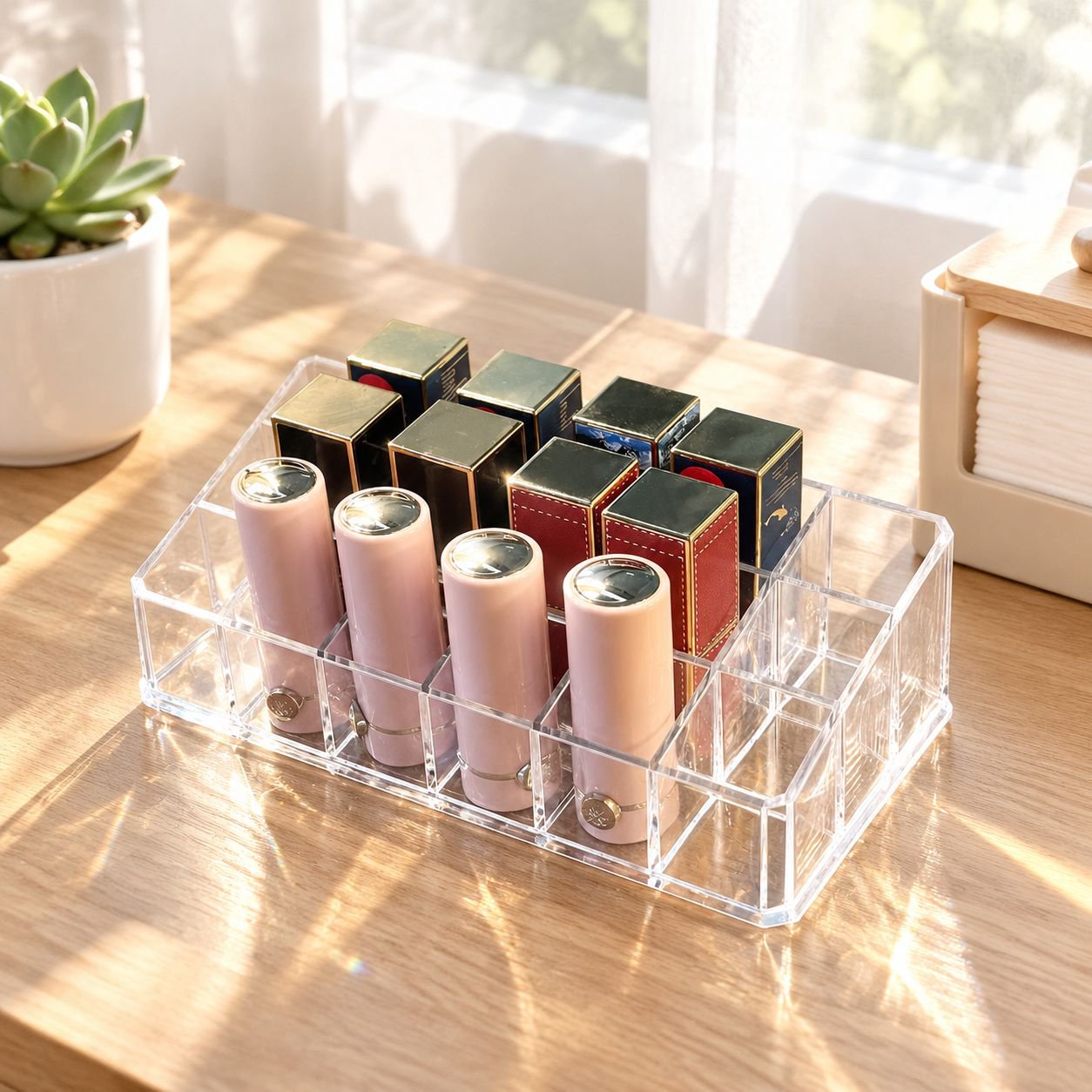 Organizador de labiales transparente con labiales variados