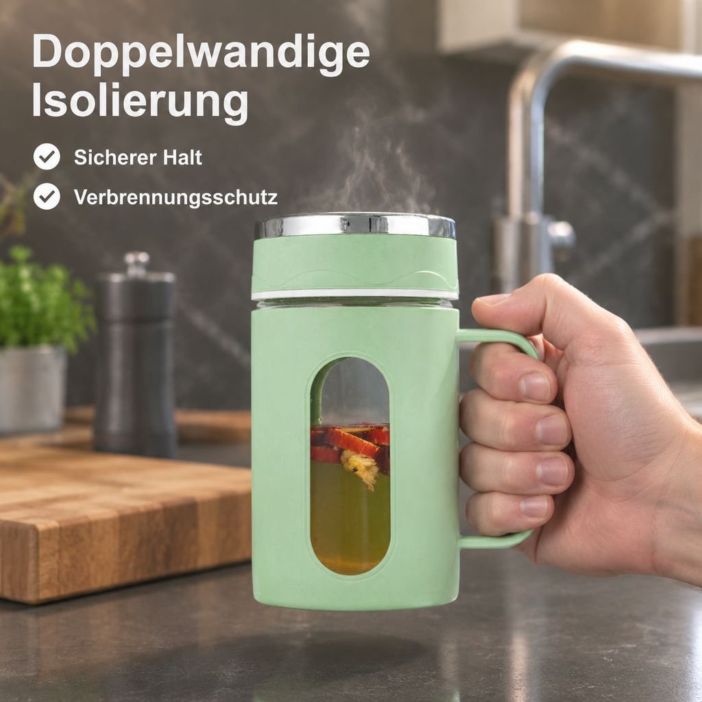 Große, doppelwandige Glastasse mit Henkel
