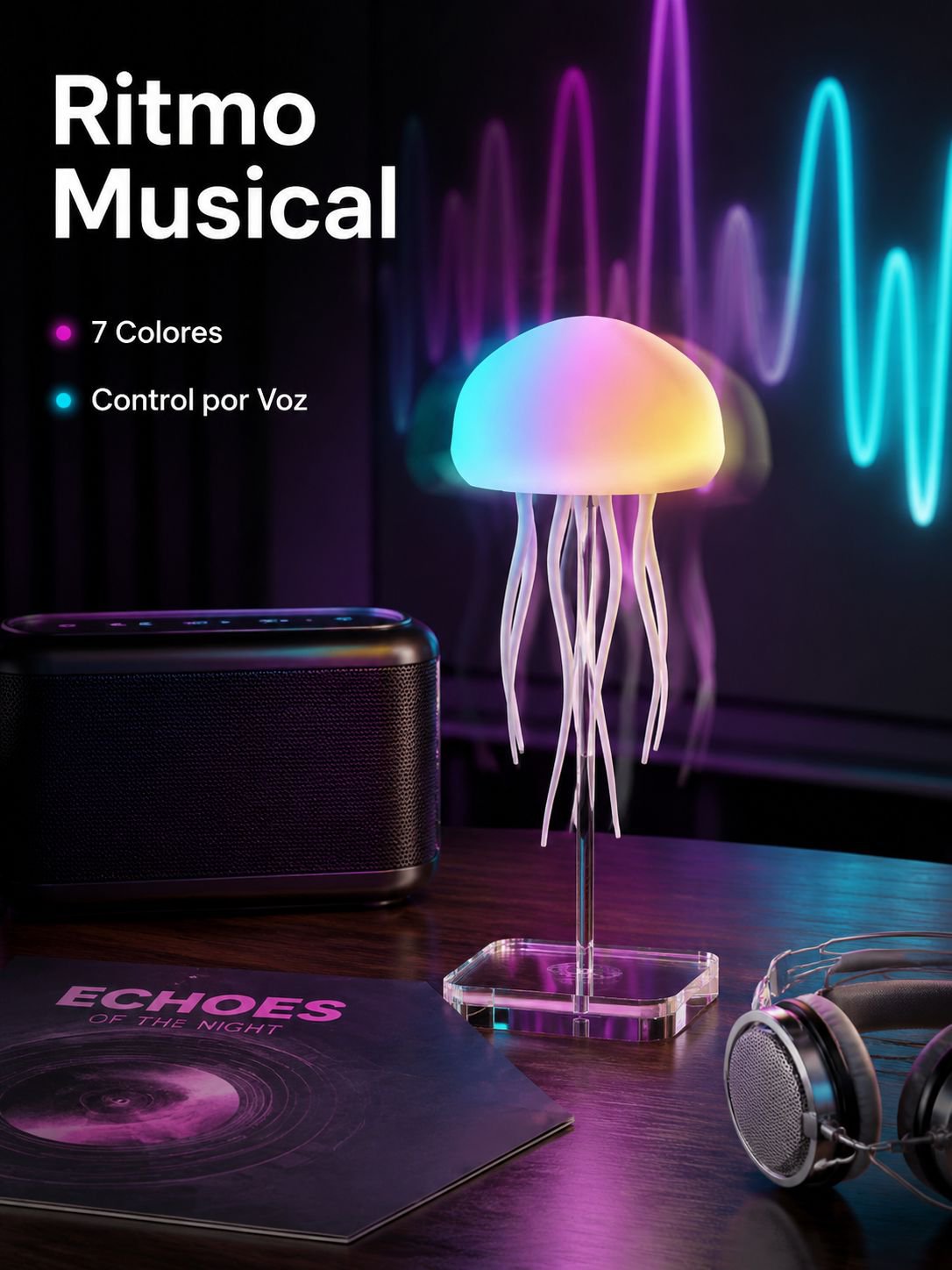 Lámpara de medusa con control de sonido y colores degradados