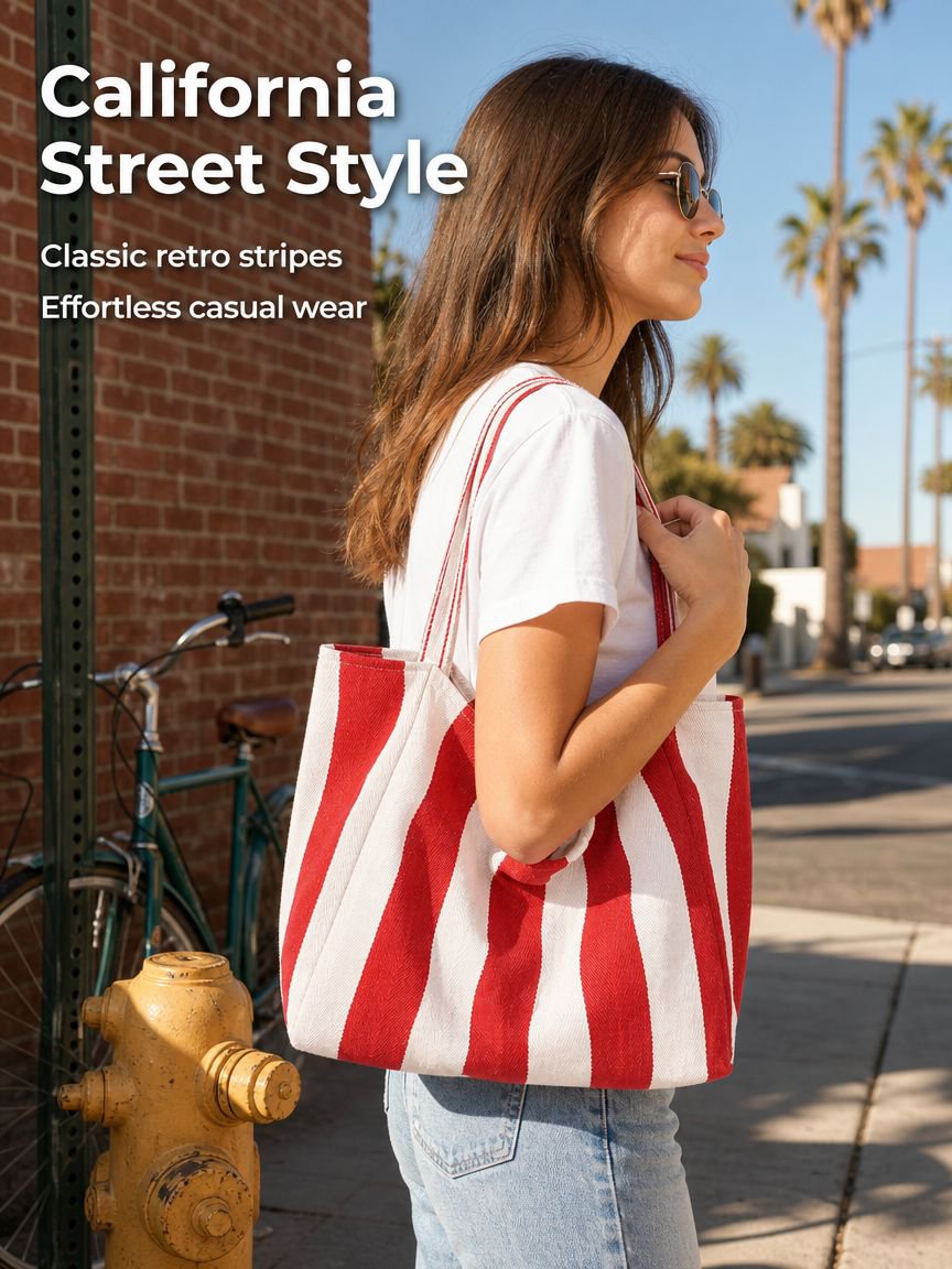 Korean Fashion Large Capacity Striped Tote, Stylish Literary Shoulder Bag