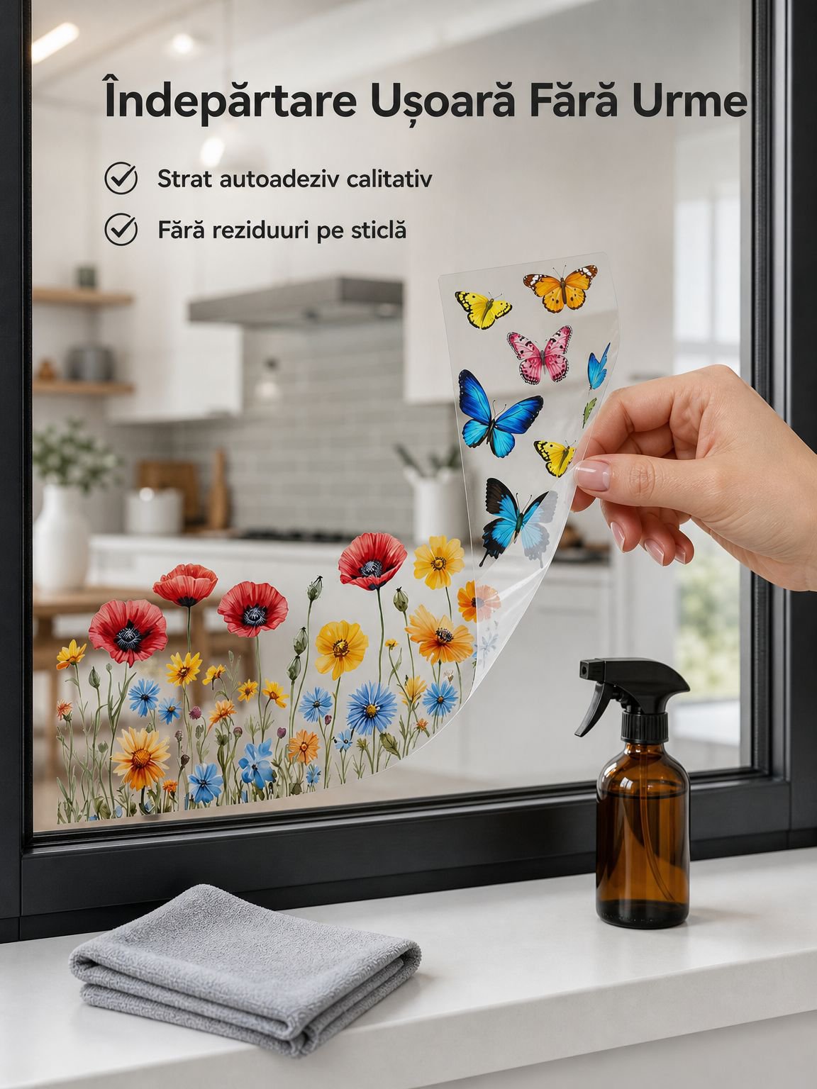 Autocolant autoadeziv transparent pentru sticlă cu model floral