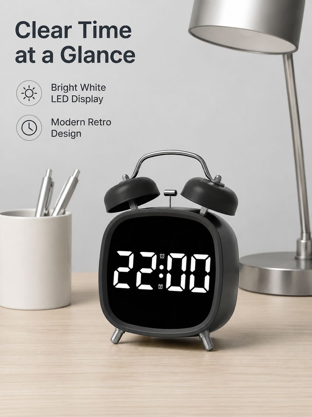 Creative High Volume Metal Strong Bell Clock LED Multifunctional Alarm Clock