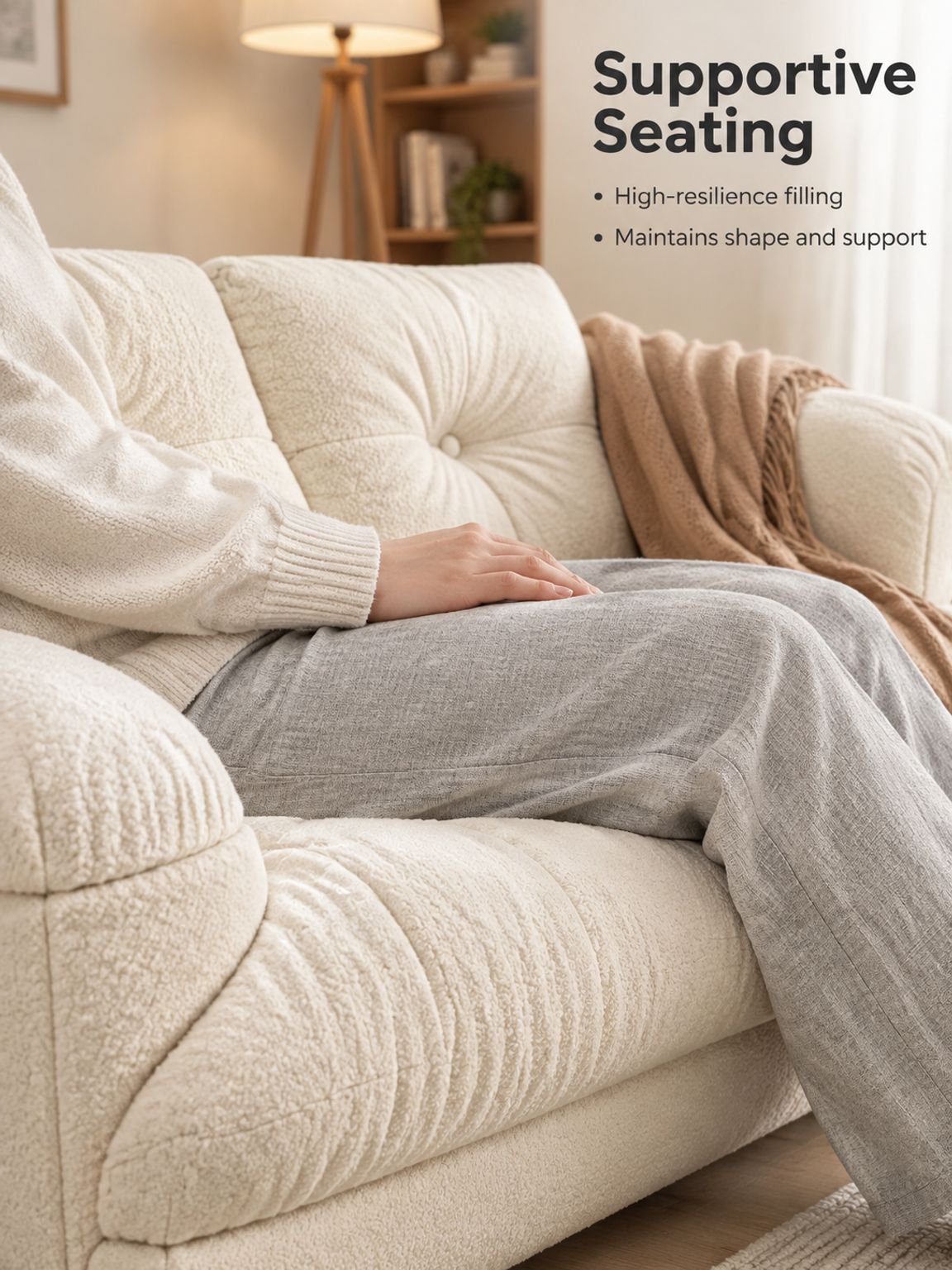 Close-up view of the soft cream fabric sofa upholstery