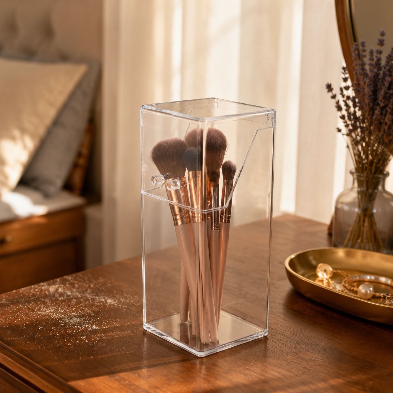 Square acrylic desk organizer for makeup brushes