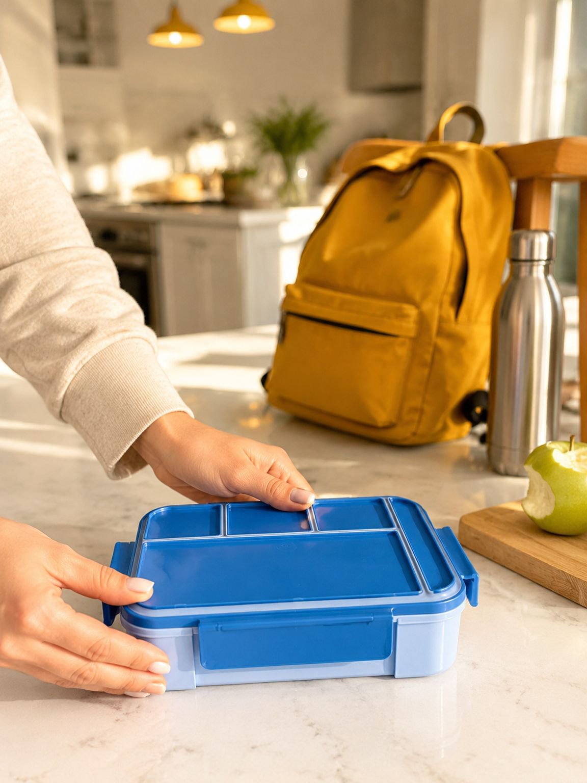 Herbruikbare lunchbox met bestek voor een georganiseerde lunchpauze