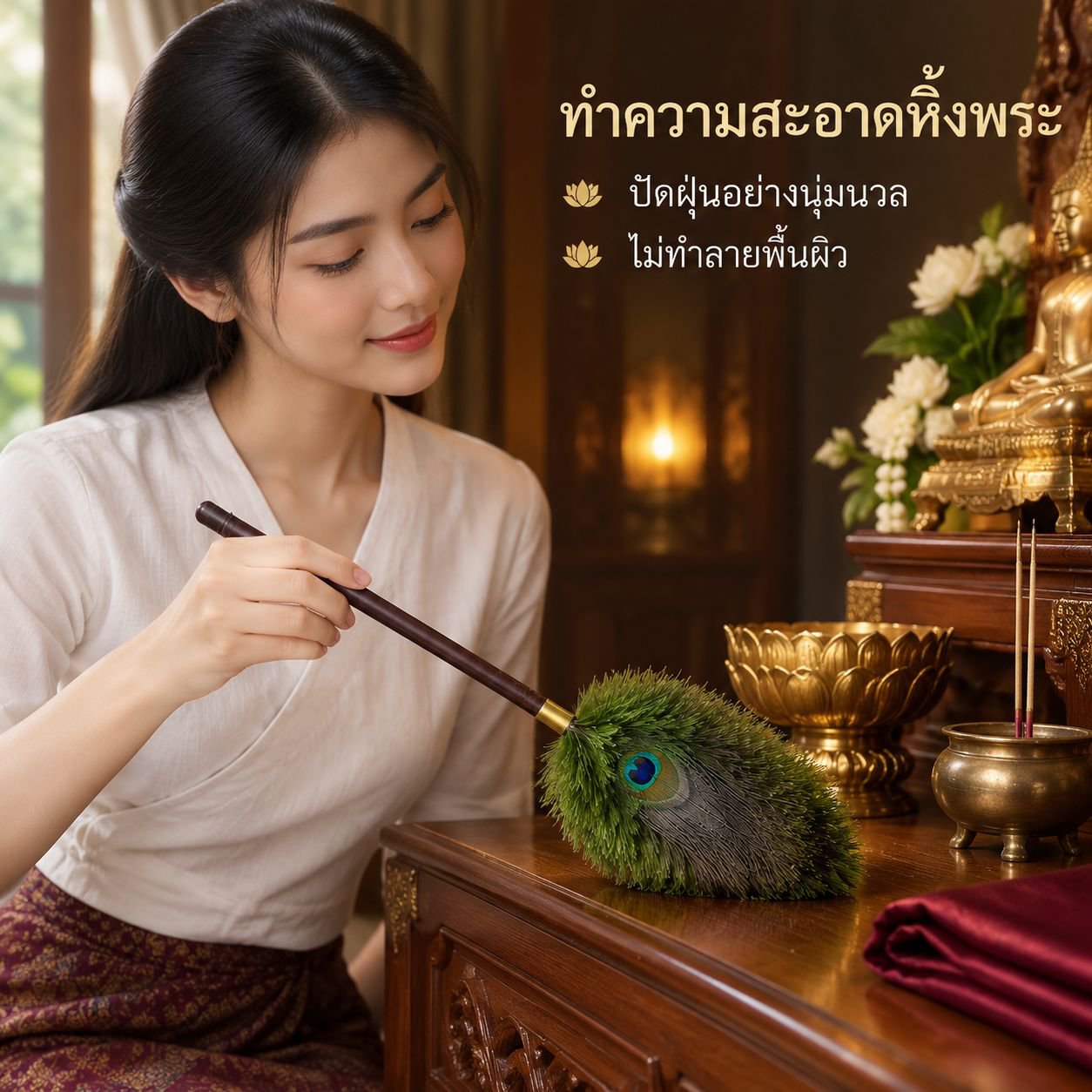 ไม้ปัดฝุ่นขนหางนกยูงสไตล์วินเทจ (มีคุณสมบัติป้องกันไฟฟ้าสถิต)