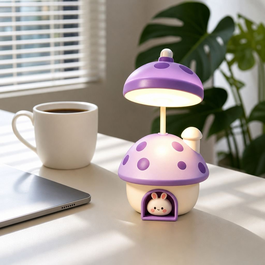 Lámpara de escritorio USB con forma de conejo y seta, adorable
