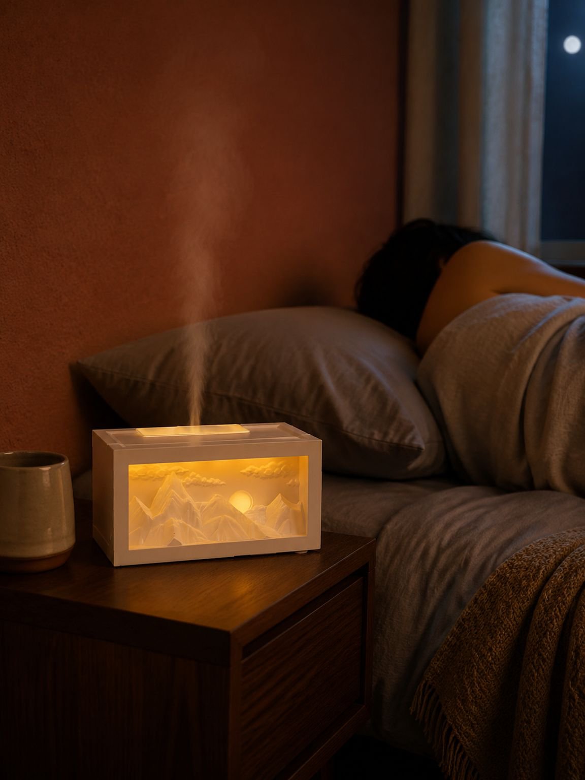 Humidificador Montaña Dorada al Amanecer en funcionamiento