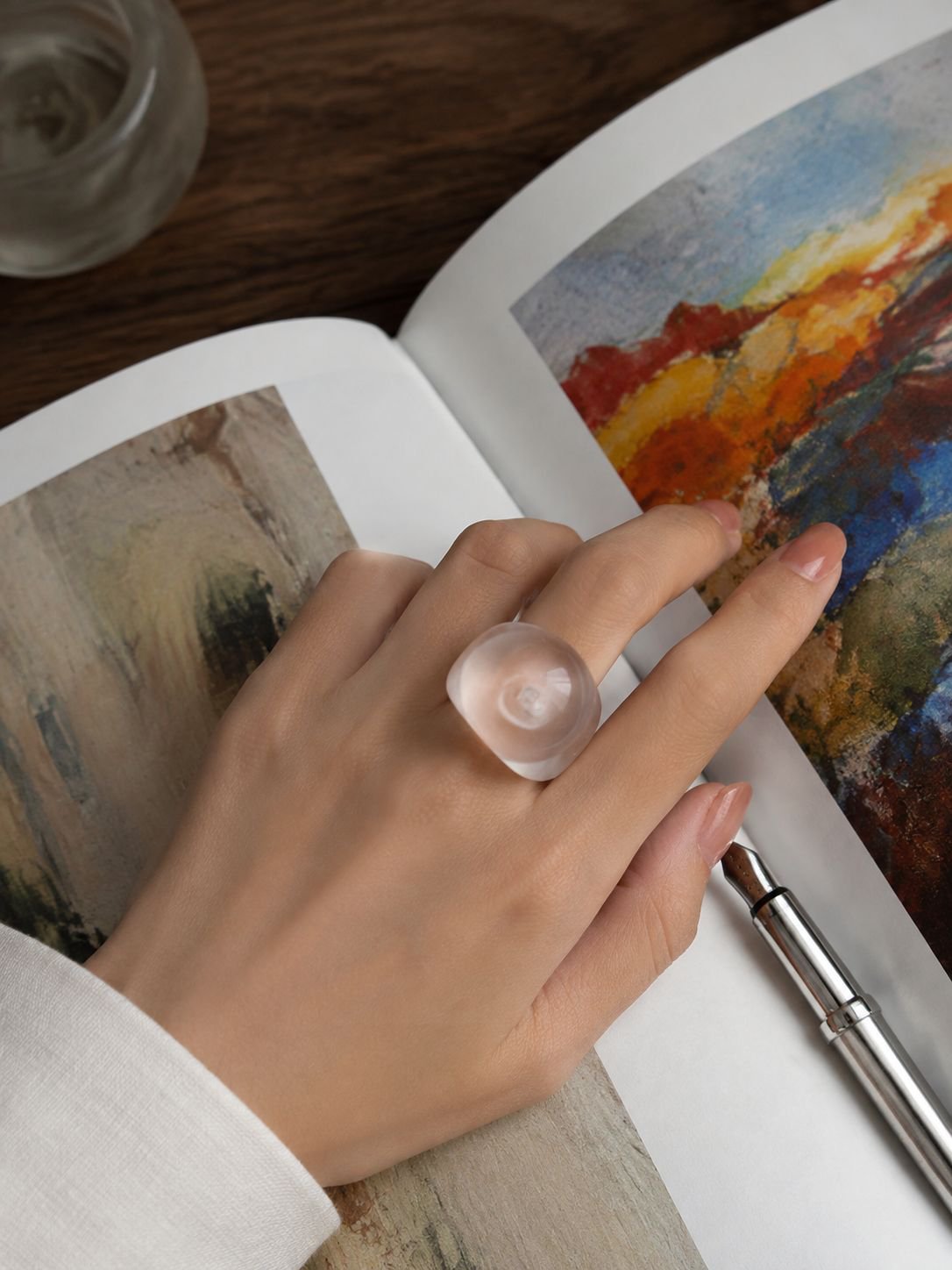 Close-up of retro resin geometric ring jewelry