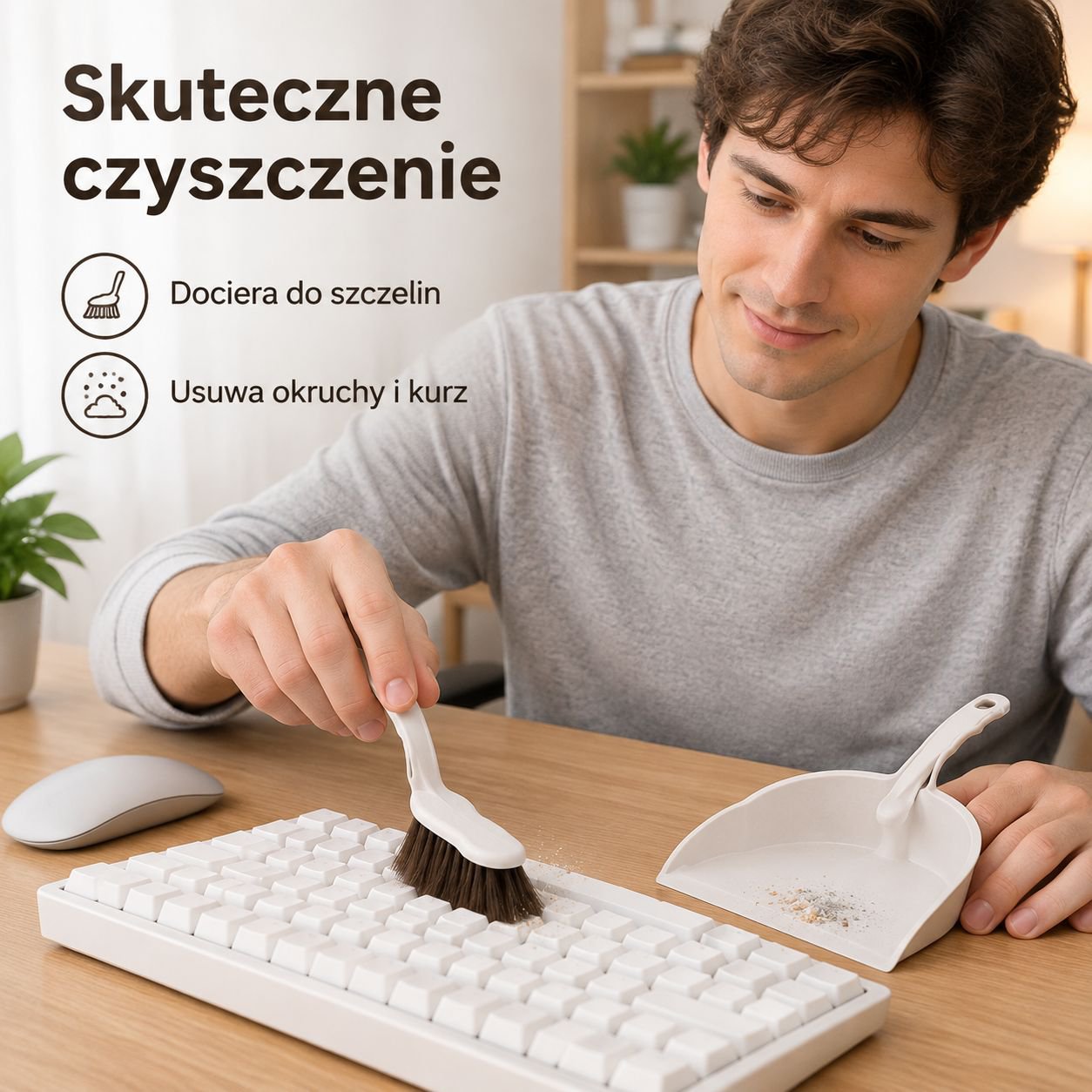 Miniaturowy zestaw ręczny (szczotka z miękkim włosiem i szufelka) do stolików kawowych i biurek