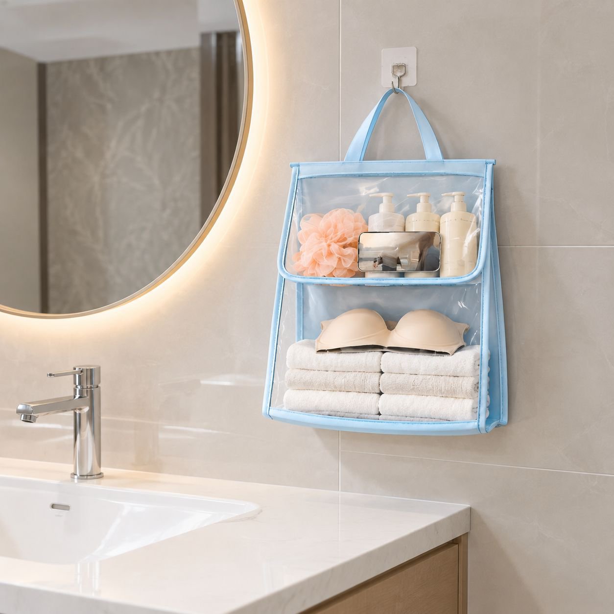 Transparent waterproof bathroom storage hanging bag, toilet shower and clothing storage bag, layered