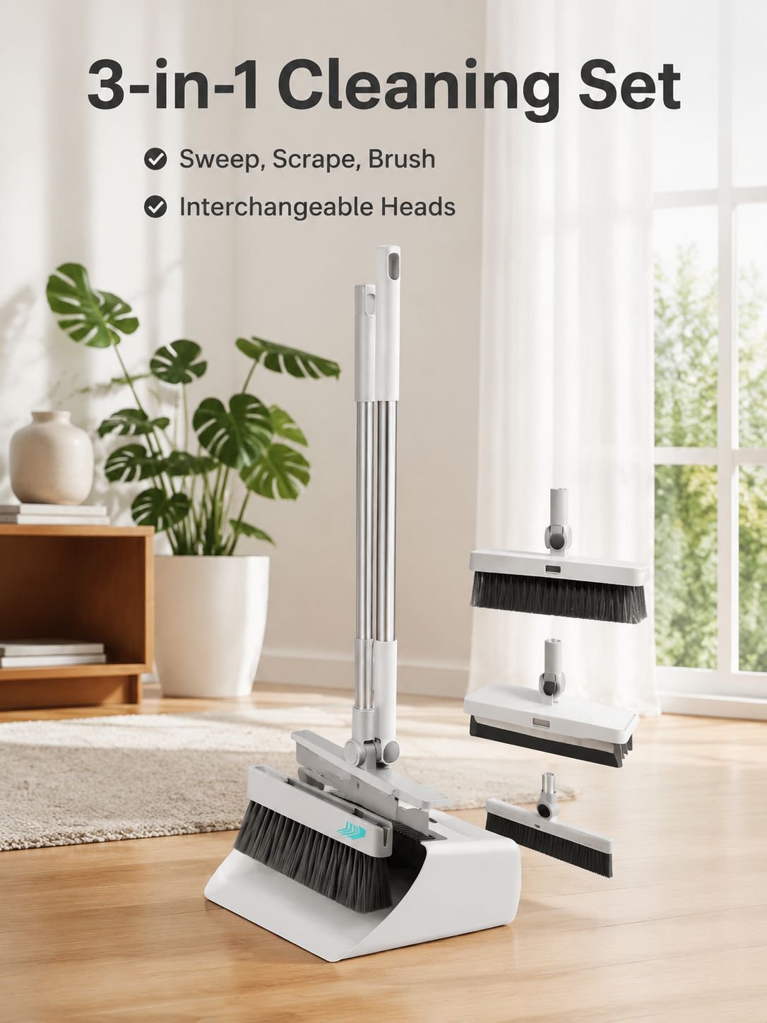 Foldable Large Thick Soft Bristle Broom and Dustpan 3-in-1 Storage Set