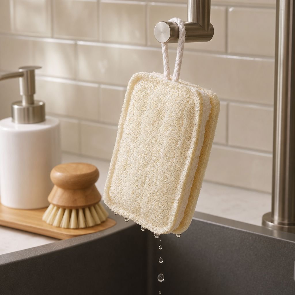 Hand holding biodegradable loofah cellulose sponge