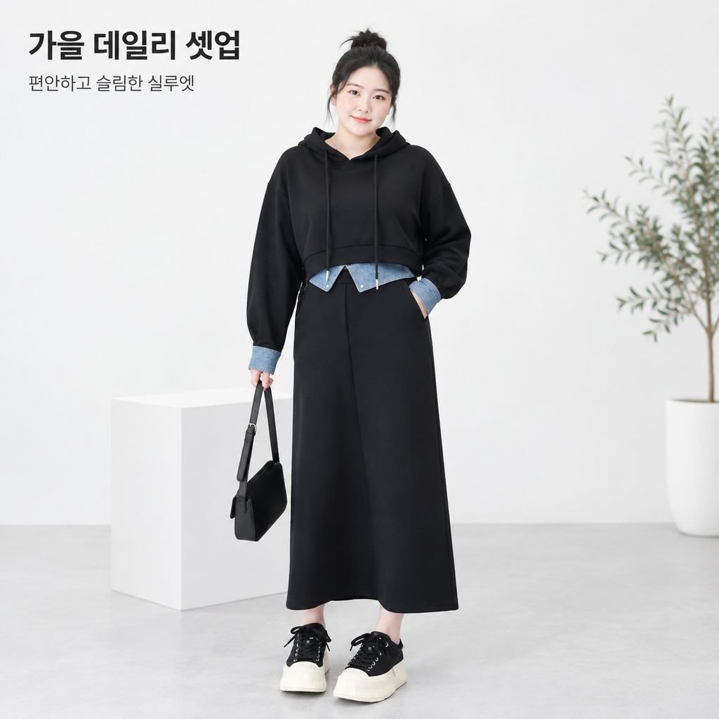 빅사이즈 여성 가을 후드 세트패션 트렌디한 날씬해 보이는 미디스커트 투피스