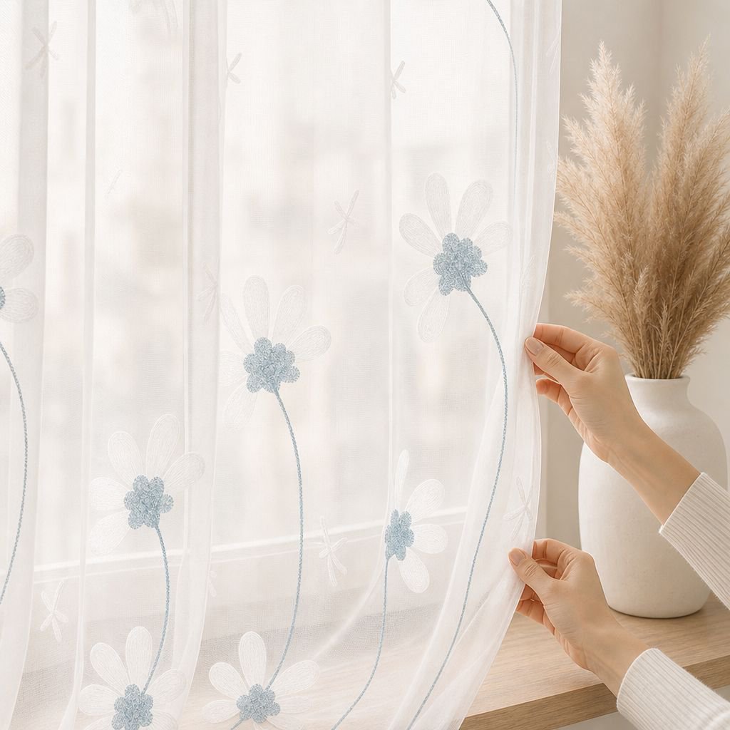 Window screen with chrysanthemum embroidery, simple and transparent modern fabric, suitable for livi