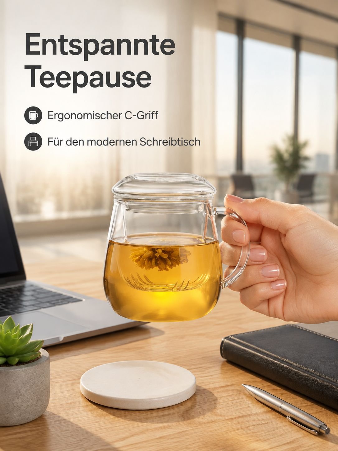 Doppelwandige Teetasse aus Borosilikatglas mit Filter