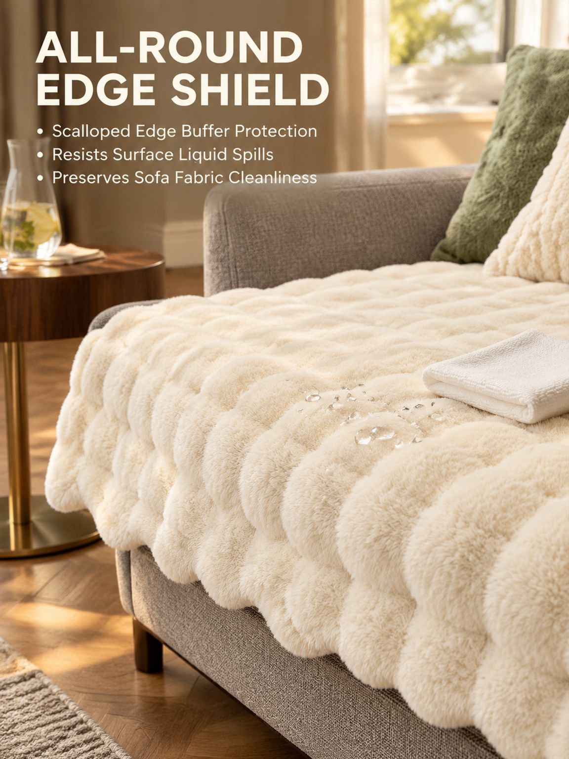 Plush sofa cover protecting couch from stains and wear