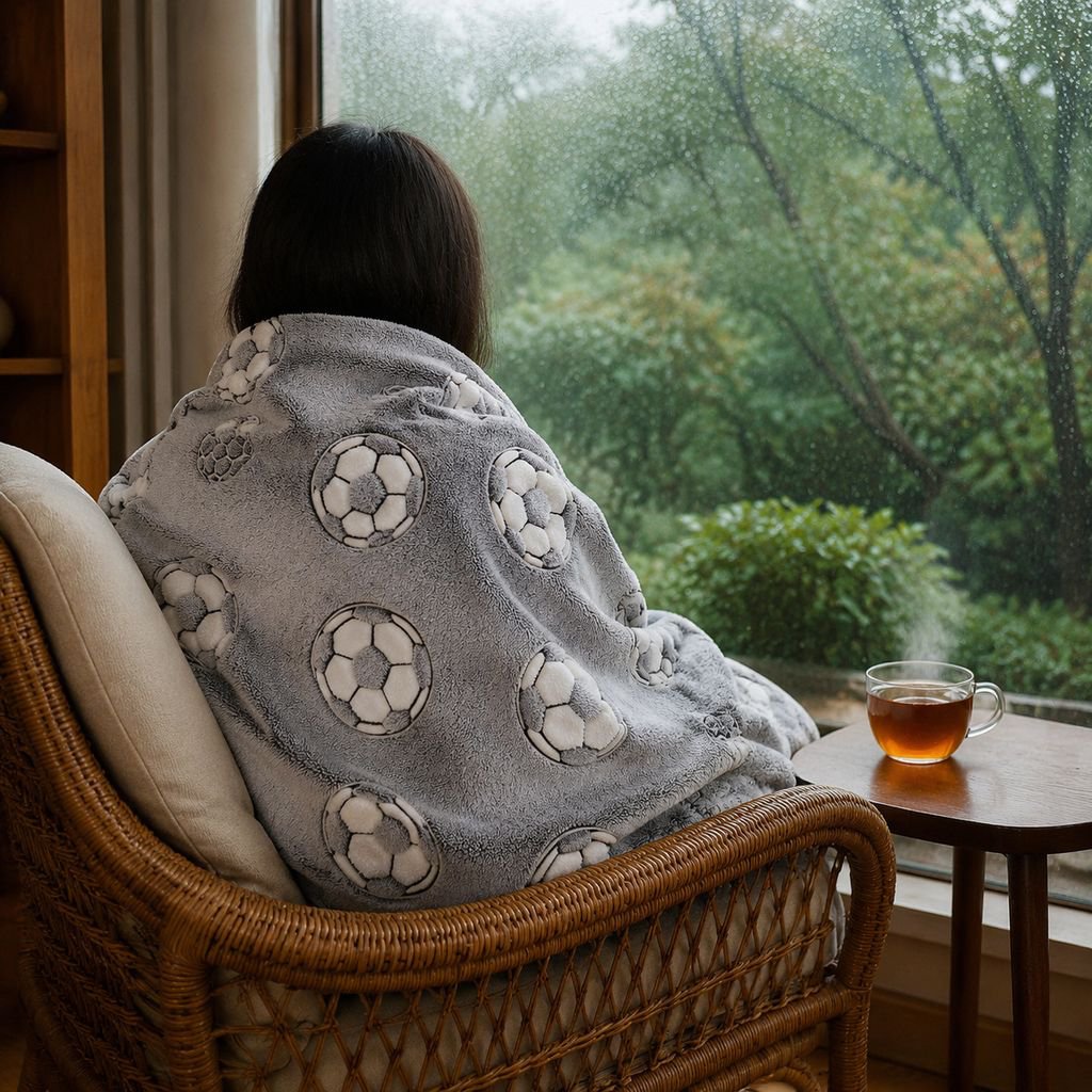 Close-up of glowing soccer ball design on blanket