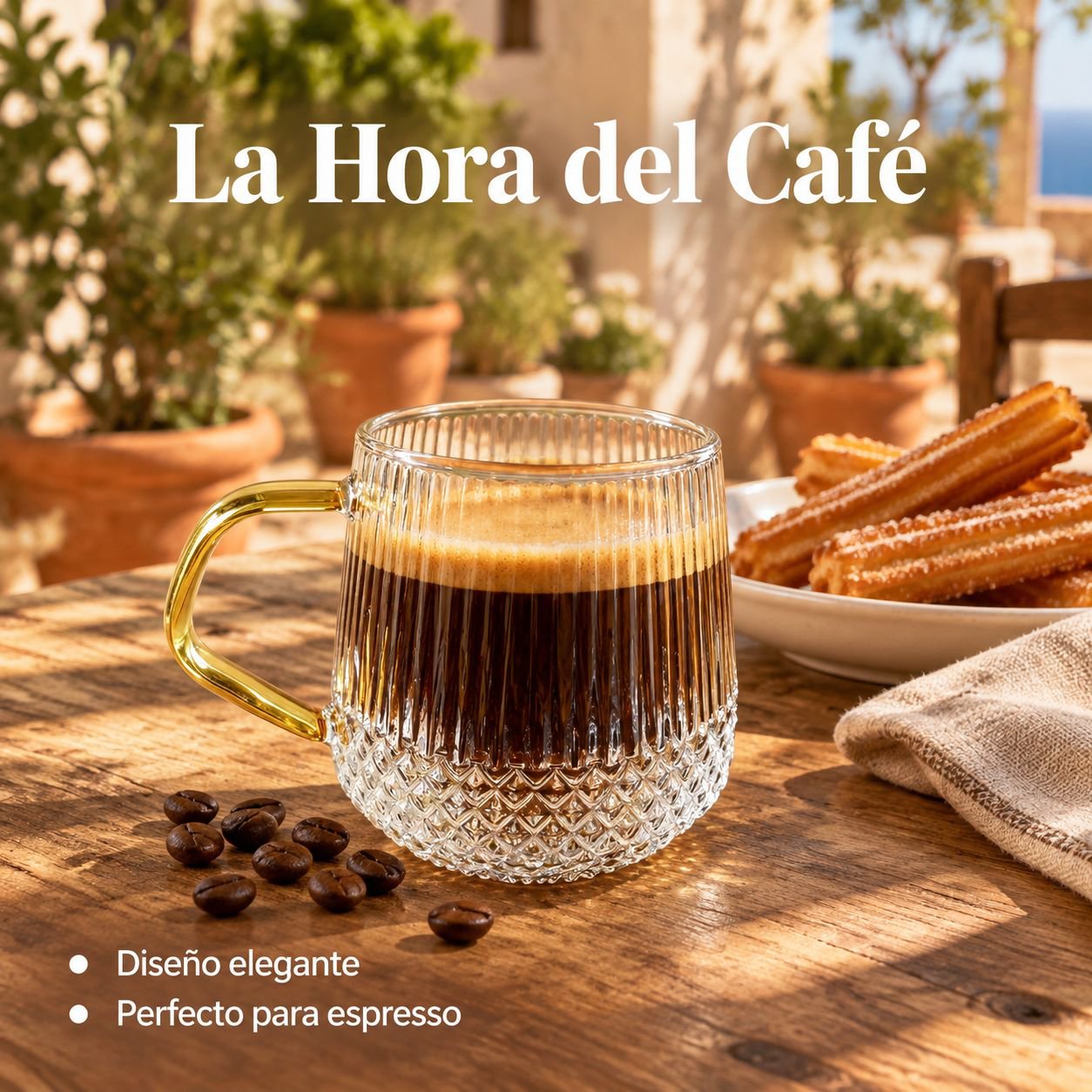 Vaso de vidrio de borosilicato de alta calidad con asa y rayas verticales