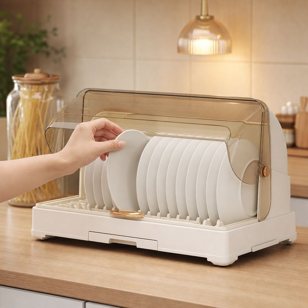 Easy-to-clean kitchen storage box with compartments for bowls and chopsticks