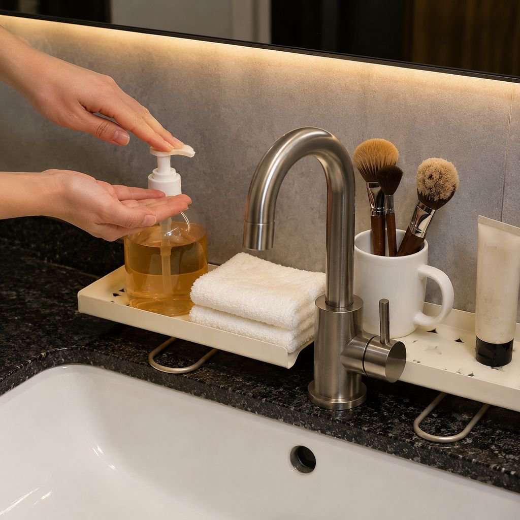 Bathroom faucet plant stand, bathroom countertop folding shelf, toilet vanity mirror storage solutio
