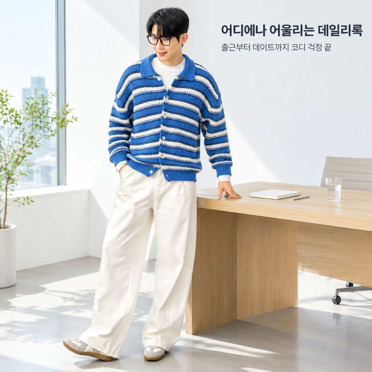남성용 블루 앤 화이트 줄무늬 카라 니트 가디건 가을 시즌 너플한 멋이 있는 스웨터 상의