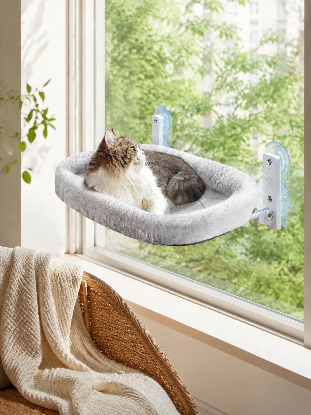 Chat confortablement installé dans un hamac de fenêtre