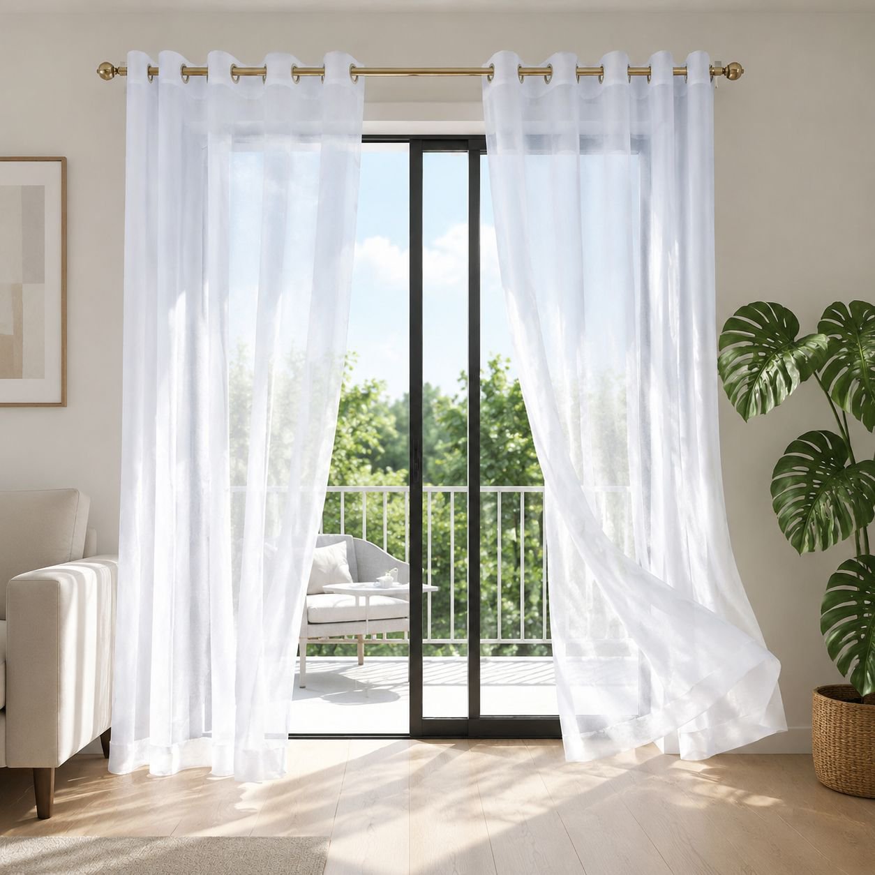 Solid color semi-blackout balcony curtain hanging in a modern living room