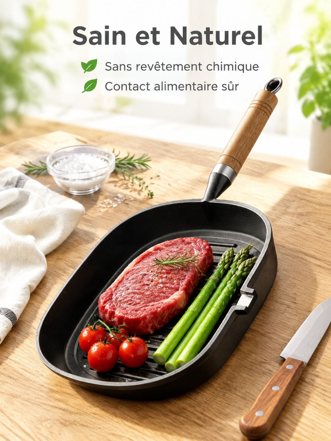 Poêle en fonte sans revêtement naturel pour steak, burger et légumes