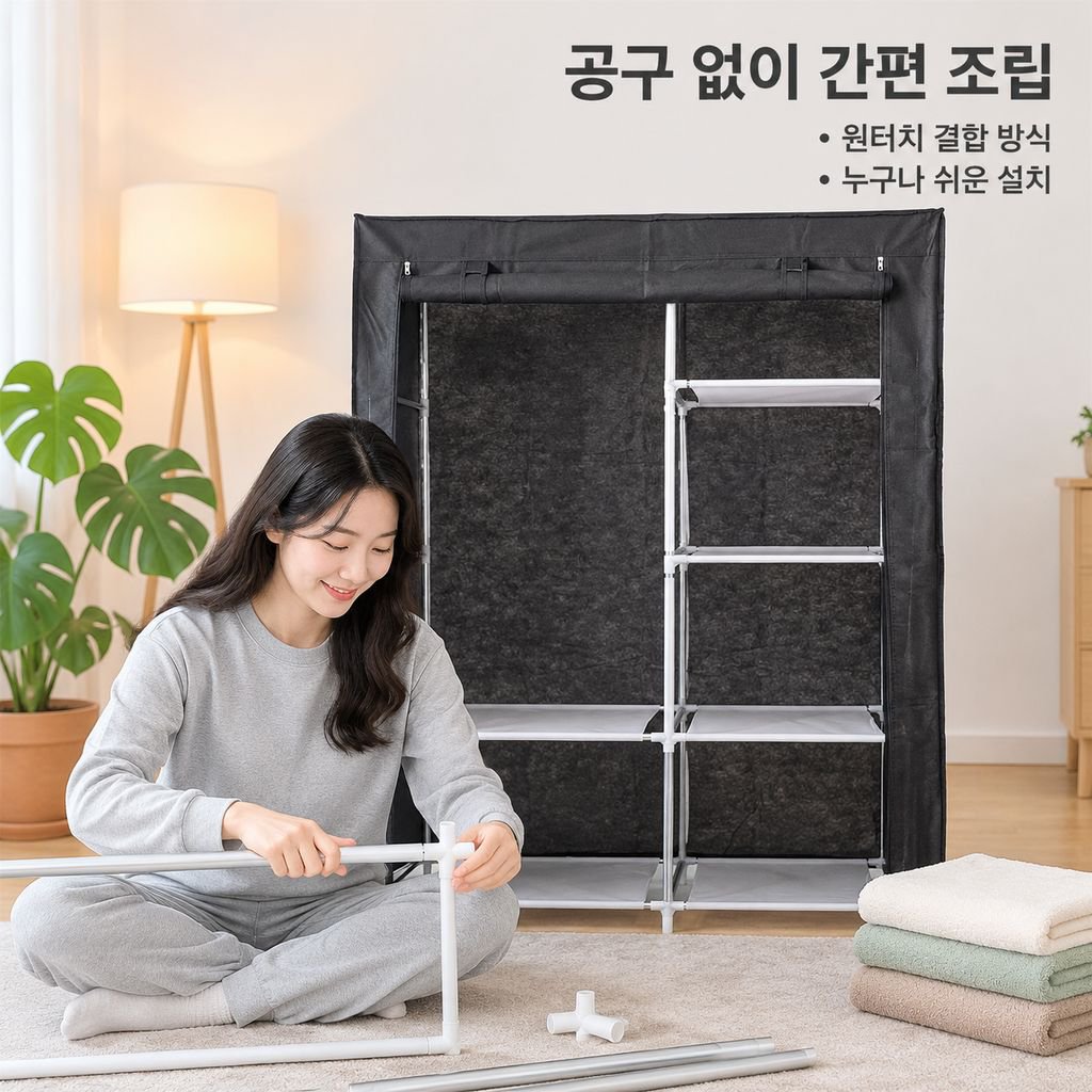두꺼운 패브릭 간이 옷장 8단 선반 더블 행거 수납장