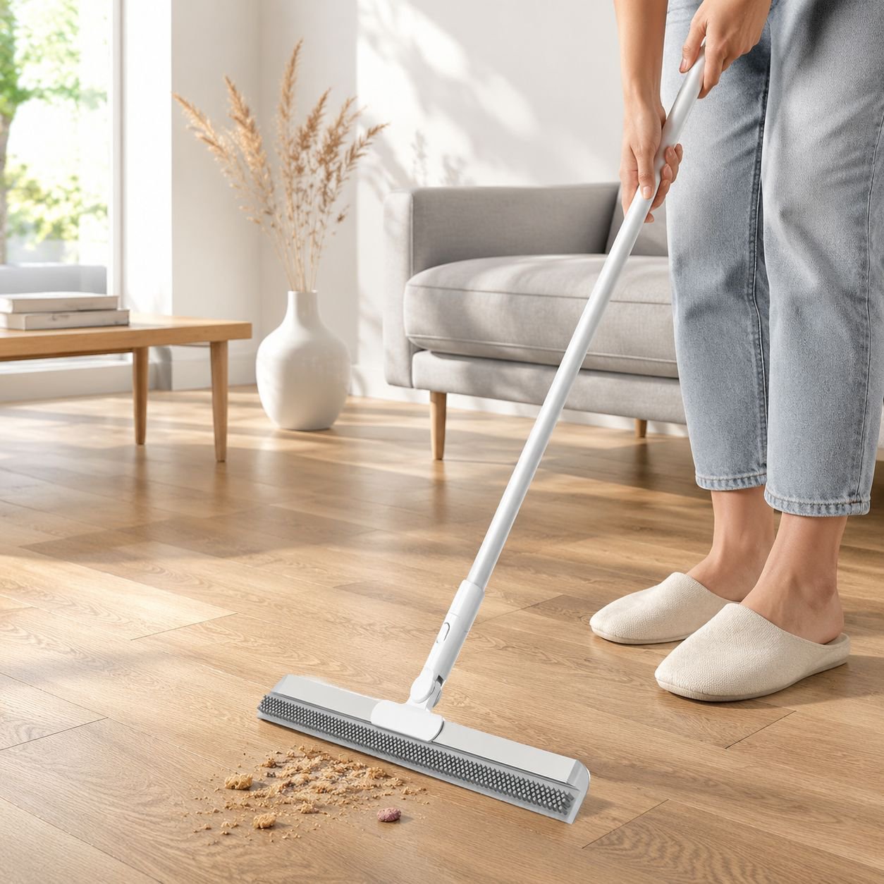 Magischer Besen beim Reinigen von Fliesenboden
