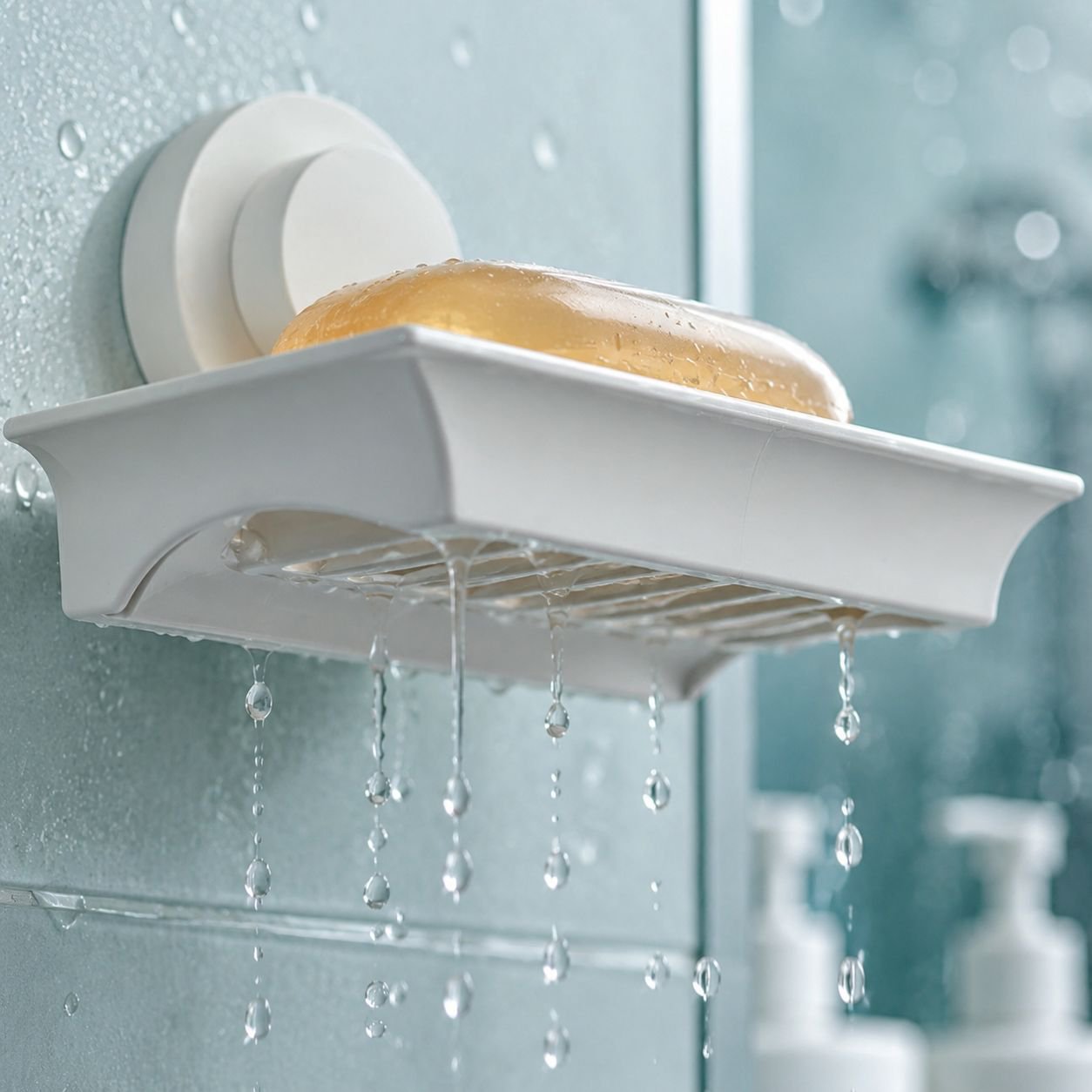 No drilling soap dish holding bar soap on shower wall