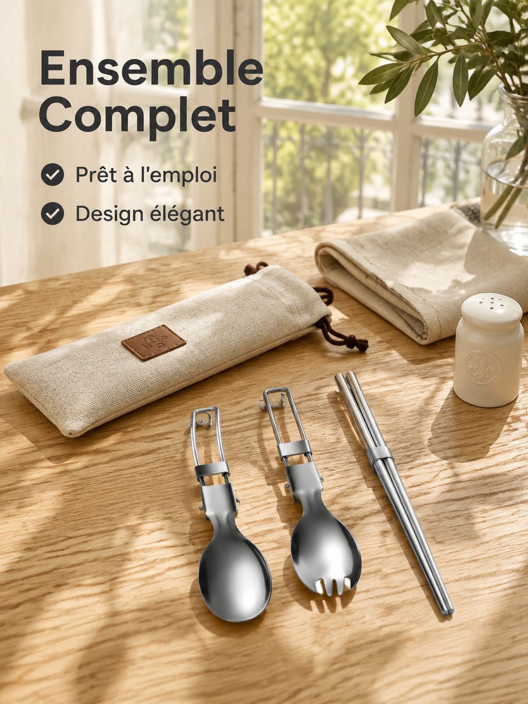 Kit de couverts pliables en acier inoxydable 304 pour le voyage, avec baguettes détachables