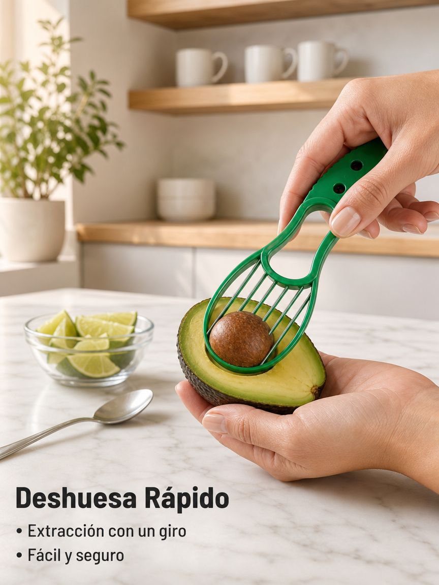 Utensilio 3 en 1 para pelar, cortar en rodajas y deshuesar aguacates