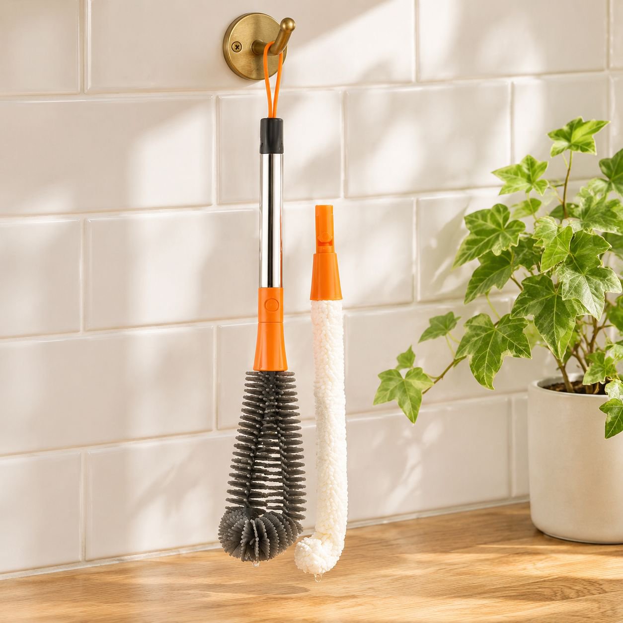 Flexible bottle brush reaching tight spots