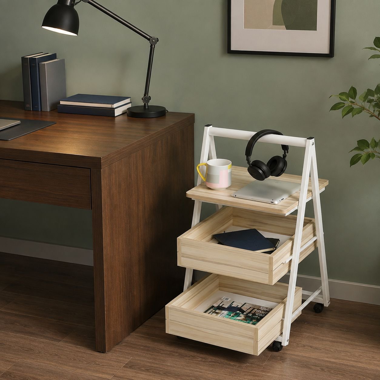 Close-up of file storage drawers in coffee table