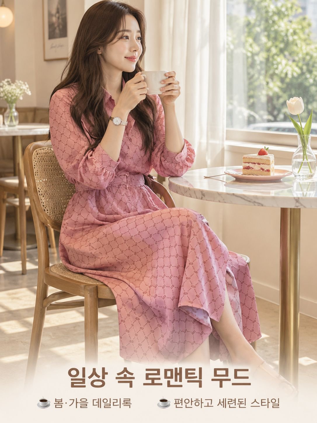 여성 긴팔 원피스 스타일 초선풍 스커트 핑크 셔츠 원피스 원피스