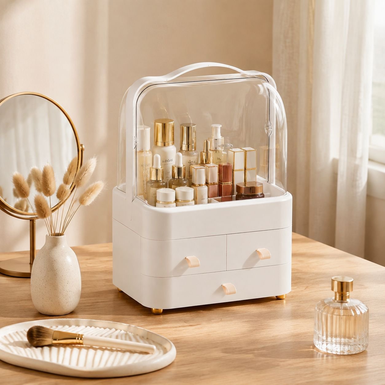 Home Large Capacity Dustproof Makeup Storage Box Desktop Lipstick Skincare Organizer
